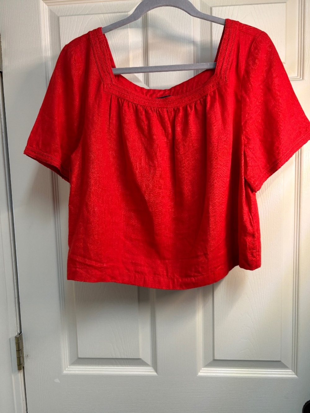 J. Crew red linen square neck top
